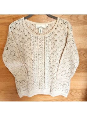 L.O.G.G. POINTELLE KNIT CROCHET 3/4 SLEEVE SWEATER SIZE MEDIUM EUC
